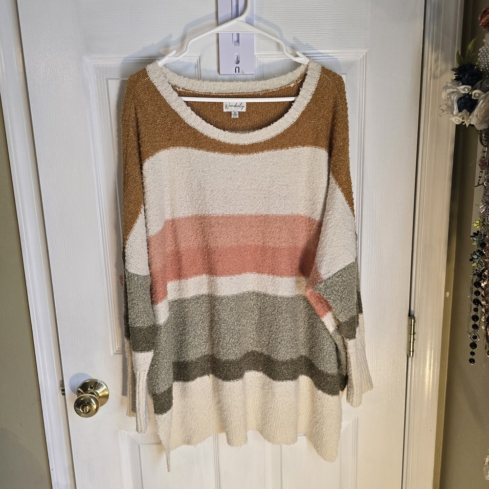Wonderly Women's Pink Gray Tan Colorblock Long Sleeve Sweater Size 2XL